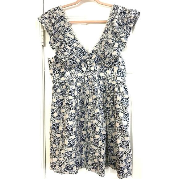 ANTHROPOLOGIE V-Neck V-Back Plunge Blue Dot Floral Tunic Mini Dress Size Small - Picture 3 of 6